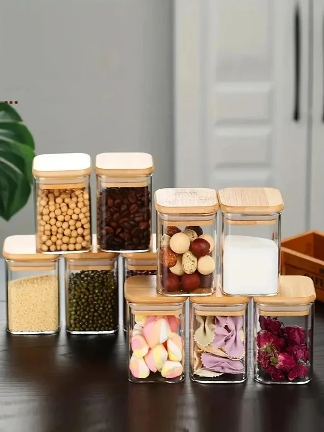 1Chase 1CHASE 10-Piece Borosilicate Mini Square Glass Storage Jars with Bamboo Lid 200ml